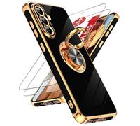 LeYi Funda para Samsung A56-5G, Negro Ébano | Silicona Carcasa con 2pcs Cristal Templado, Galvanizado TPU Bumper Resistente Antigolpes móvil Case metálica Anillo Soporte