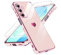LeYi Funda para Samsung Galaxy A16/A 16 4G/5G, Silicona Carcasa con 2pcs Cristal Templado, Corazón Amor Mujer Estuche Protector Galvanizado Suave TPU Bumper Resistente Antigolpes Móvil Case, Rosa