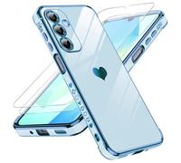 LeYi Funda para Samsung Galaxy A16/A 16 4G/5G, Silicona Carcasa con 2pcs Cristal Templado, Corazón Amor Mujer Estuche Protector Galvanizado Suave TPU Bumper Resistente Antigolpes Móvil Case, Azul