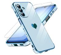 LeYi Funda para Samsung Galaxy A17/A 17 4G/5G 5 G, Silicona Carcasa con 2pcs Cristal Templado, Corazón Amor Mujer Estuche Protector Galvanizado Suave Bumper Resistente Antigolpes Móvil Case, Azul