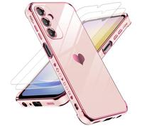 LeYi Funda para Samsung Galaxy A25 5G/A 25, Silicona Carcasa con 2pcs Cristal Templado, Corazón Amor Mujer Estuche Protector Galvanizado Suave TPU Bumper Resistente Antigolpes Móvil Case, Rosa