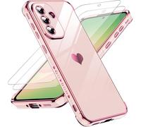 LeYi Funda para Samsung Galaxy A56/A 56 5G 5 G, Silicona Carcasa con 2pcs Cristal Templado, Corazón Amor Mujer Estuche Protector Galvanizado Suave TPU Bumper Resistente Antigolpes Móvil Case, Rosa