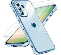 LeYi Funda para Samsung Galaxy A56/A 56 5G 5 G, Silicona Carcasa con 2pcs Cristal Templado, Corazón Amor Mujer Estuche Protector Galvanizado Suave TPU Bumper Resistente Antigolpes Móvil Case, Azul