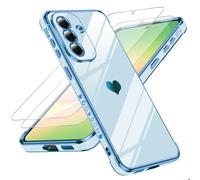 LeYi Funda para Samsung Galaxy A57/A 57 4G/5G, Silicona Carcasa con 2pcs Cristal Templado, Corazón Amor Mujer Estuche Protector Galvanizado Suave TPU Bumper Resistente Antigolpes Móvil Case, Azul