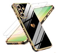 LeYi Funda para Samsung Galaxy A57/A 57 4G/5G, Silicona Carcasa con 2pcs Cristal Templado, Corazón Amor Mujer Estuche Protector Galvanizado Suave Bumper Resistente Antigolpes Móvil Case, Negro