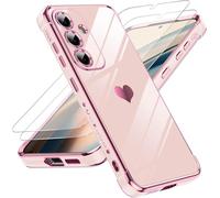 LeYi Funda para Samsung Galaxy S25/S 25, Silicona Carcasa con 2pcs Cristal Templado, Corazón Amor Mujer Estuche Protector Galvanizado Suave TPU Bumper Resistente Antigolpes Móvil Case, Rosa
