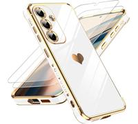 LeYi Funda para Samsung Galaxy S25/S 25, Silicona Carcasa con 2pcs Cristal Templado, Corazón Amor Mujer Estuche Protector Galvanizado Suave TPU Bumper Resistente Antigolpes Móvil Case, Blanco