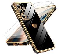 LeYi Funda para Samsung Galaxy S25/S 25, Silicona Carcasa con 2pcs Cristal Templado, Corazón Amor Mujer Estuche Protector Galvanizado Suave TPU Bumper Resistente Antigolpes Móvil Case, Negro