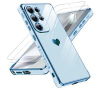 LeYi Funda para Samsung Galaxy S25/S 25 Ultra, Silicona Carcasa con 2pcs Cristal Templado, Corazón Amor Mujer Estuche Protector Galvanizado Suave TPU Bumper Resistente Antigolpes Móvil Case, Azul