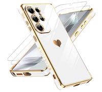 LeYi Funda para Samsung Galaxy S25/S 25 Ultra, Silicona Carcasa con 2pcs Cristal Templado, Corazón Amor Mujer Estuche Protector Galvanizado Suave TPU Bumper Resistente Antigolpes Móvil Case, Blanco