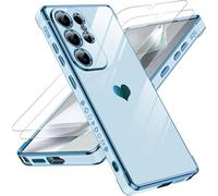 LeYi Funda para Samsung Galaxy S25/S 25 Ultra, Silicona Carcasa con 2pcs Cristal Templado, Corazón Amor Mujer Estuche Protector Galvanizado Suave TPU Bumper Resistente Antigolpes Móvil Case, Azul