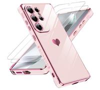 LeYi Funda para Samsung Galaxy S25/S 25 Ultra, Silicona Carcasa con 2pcs Cristal Templado, Corazón Amor Mujer Estuche Protector Galvanizado Suave TPU Bumper Resistente Antigolpes Móvil Case, Rosa
