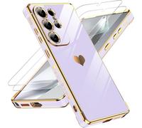 LeYi Funda para Samsung Galaxy S25/S 25 Ultra, Silicona Carcasa con 2pcs Cristal Templado, Corazón Amor Mujer Estuche Protector Galvanizado Suave TPU Bumper Resistente Antigolpes Móvil Case, Morado