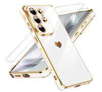 LeYi Funda para Samsung Galaxy S26 Ultra/S 26 Ultra, Silicona Carcasa con 2pcs Cristal Templado, Corazón Amor Mujer Estuche Protector Galvanizado Suave Bumper Resistente Antigolpes Móvil Case, Blanco