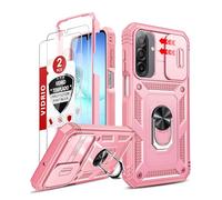 LeYi Funda para Samung Galaxy A17/A 17 5G con [2-Unidades] Cristal Vidrio Templado, Uso Rudo Carcasa Cubierta de cámara Deslizante Proteger Anillo Soporte Silicona TPU Armor Bumper Case, Rosa