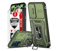 LeYi Funda para Samung Galaxy A25/A 25 5G con 2 Piezas Vidrio Templado, Armor Carcasa Uso Rudo Cubierta de Cámara Deslizante Proteger 360 Full Protección Anillo Soporte Bumper Case, Verde Oliva