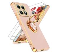 LeYi Funda para Xiaomi 14T/14 T 5G, Silicona Carcasa con 2pcs Cristal Templado,Bonito Galvanizado Suave TPU Bumper Resistente Antigolpes móvil Case metálica Anillo Soporte, Rosa