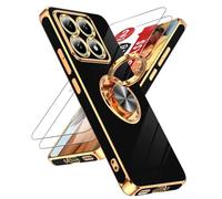 LeYi Funda para Xiaomi 14T/14 T 5G, Silicona Carcasa con 2pcs Cristal Templado,Bonito Galvanizado Suave TPU Bumper Resistente Antigolpes móvil Case metálica Anillo Soporte, Negro