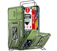 LeYi Funda para Xiaomi Poco X6 Pro 5G con 2 Piezas Vidrio Templado, Armor Carcasa Cubierta de Cámara Deslizante Proteger 360 Full Protección Anillo Soporte Bumper Case, Verde Oliva