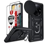 LeYi Funda para Xiaomi Redmi A3 4G con [2-Unidades] Cristal Vidrio Templado, Carcasa Cubierta de cámara Deslizante Proteger Anillo Soporte Silicona TPU Armor Bumper Case, Negro