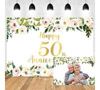 Leyiyi Telón de fondo de 5 x 3 pies, diseño de flores de acuarela con hojas verdes, fondo dorado para felicitaciones a 50 años, suministros de fiesta de cumpleaños, decoración de pancarta de cabina de