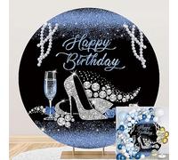 Leyiyi Telón de fondo redondo de 6.5 x 6.5 pies con purpurina azul y negro para mujer, fiesta de cumpleaños, tacones altos plateados brillantes, champán, perlas brillantes, joyería de diamante,