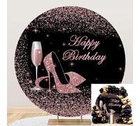 Leyiyi Telón de fondo redondo de 6 x 6 pies, negro y oro rosa, con purpurina de oro rosa, tacón alto, champán, diamante, fondo de fotografía para niñas y mujeres, decoración de fiesta de cumpleaños,