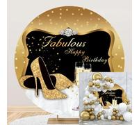 Leyiyi Telón de fondo redondo de 6 x 6 pies para mujer, fiesta de cumpleaños, pancarta dorada con purpurina, tacones altos, copas de champán, fondo de fotografía, diamante brillante, fondo de fotos