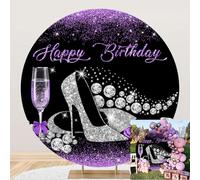 Leyiyi Telón de fondo redondo de 7.5 x 7.5 pies con purpurina púrpura y negro para mujer, fiesta de cumpleaños, tacones altos plateados brillantes, rosa champán, joyería de diamante, fondo de
