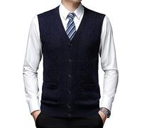 Leyoutx Chaleco clásico de Mezcla de Lana con Cuello en V para Hombre, sin Mangas, con Botones Frontales, Chaleco de Punto con Bolsillo, Marino, Medium