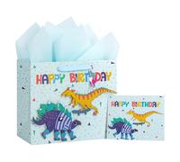 LeZakaa Bolsa de regalo de cumpleaños de 13 pulgadas, bolsa de regalo mediana con papel de seda, etiqueta de regalo y tarjeta, dinosaurios, patinaje y patinaje sobre ruedas con letras "Happy Birthday"