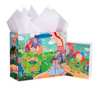 LeZakaa Bolsa de regalo de cumpleaños de 13 pulgadas, bolsa de regalo mediana de papel de aluminio dorado con papel de seda, etiqueta de regalo y tarjeta, letras "Happy Birthday Day" y dinosaurios con