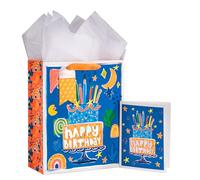 LeZakaa Bolsa de regalo de cumpleaños de 13 pulgadas, bolsa de regalo mediana de papel de aluminio metálico con papel de seda, etiqueta de regalo y tarjeta, letras "Happy Birthday Day" y un diseño de