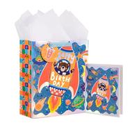 LeZakaa Bolsa de regalo de cumpleaños de 13 pulgadas, bolsa de regalo mediana de papel metálico con papel de seda, etiqueta de regalo y tarjeta, letras "Happy Birthday Day" y un oso en el cohete