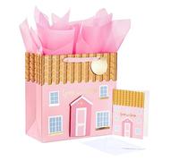 LeZakaa Bolsa de regalo rosa de 10.4 pulgadas con papel de seda, etiqueta de regalo y tarjeta - Home Sweet Home with House 3D Paster para inauguración de la casa