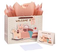 Lezakaa Bolsas de regalo grandes de 16 pulgadas con papel de seda, etiqueta de regalo y tarjeta, bolsa caqui con oso en baño y diseño de letras "Welcome Baby" para baby shower