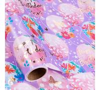 LeZakaa Rollo de papel de regalo de cumpleaños floral y globos para niñas y mujeres, globo rosa, flor y mariposa, palabras "Happy Birthday", papel de aluminio metálico para envolver regalos de