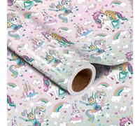 LeZakaa Rollo de papel de regalo de cumpleaños - Mini rollo - Diseño de unicornio rosa y castillo para niños, niñas, mujeres, envoltura de regalo de fiesta, regalo de vacaciones, 17 pulgadas x 32.8