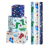 LeZakaa Rollo de papel de regalo de cumpleaños - Mini rollo - Rocket/Cocodrilo/estrellas en impresión azul para niños, niños, hombres, envoltura de regalo para baby shower, decoración de fiesta - 17.5