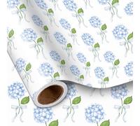 LeZakaa Rollo de papel de regalo de hortensias azules para niñas y mujeres, diseño de flores de hortensias y lazos, para bodas, despedidas de soltera, baby shower, día de la madre, ramo de flores DIY