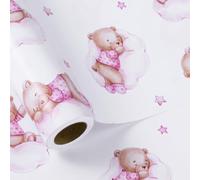LeZakaa Rollo de papel de regalo de oso bebé para niñas, oso de peluche rosa descansando en nubes esponjosas, diseño de estrellas y lunas para cumpleaños de bebés, baby shower, mini rollo, 17 pulgadas