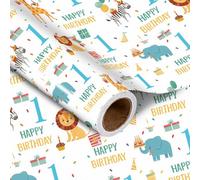 LeZakaa Rollo de papel de regalo de primer cumpleaños - Feliz cumpleaños azul con bonito diseño de animales para cumpleaños de bebé de 1 edad, fiesta, baby shower - Mini rollo - 17 pulgadas x 16.4
