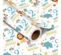 LeZakaa Rollo de papel de regalo de segundo cumpleaños - Feliz cumpleaños azul con bonito diseño de animales para cumpleaños de niños de 2 años, fiesta, baby shower - Mini rollo - 17 pulgadas x 16.4