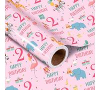 LeZakaa Rollo de papel de regalo de segundo cumpleaños - Feliz cumpleaños rosa con bonito diseño de animales para cumpleaños de niñas de 2 años, fiesta, baby shower - Mini rollo - 17 pulgadas x 16.4
