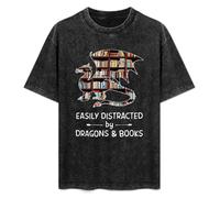 LEZHONGQIU Easily Distracted by Dragons and Books Men's T-Shirt Unisex White Men Tees S