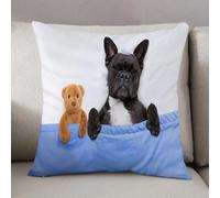 LEZUAHSH Fundas de Cojín Decorativo para Sala de Estar Sofás 50x50cm,Bulldog francés durmiendo en la Cama con un Osito de Peluche Muy Juntos,Decoración Almohada Funda de Almohada