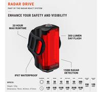 LEZYNE Ciclismo Radar Drive Vehículo Detección LED Posterior Luz Bici IPX7 300