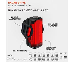 LEZYNE Ciclismo Radar Drive Vehículo Detección LED Posterior Luz Bici IPX7 300