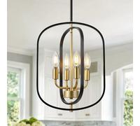 LFCKVX Small Black and Gold Chandelier for Foyer, 4-Light Geometric Metal Entryway Light Fixture Hanging, Farmhouse Pendant for Kitchen Island Breakfast Nook Bedroom Stairway Office