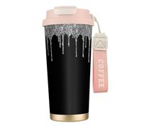 LfearTesa Taza de viaje ecológica de acero inoxidable 316 para oficina, pared, coche, café, con cordón, con purpurina plateada y brillo negro.,Rosa
